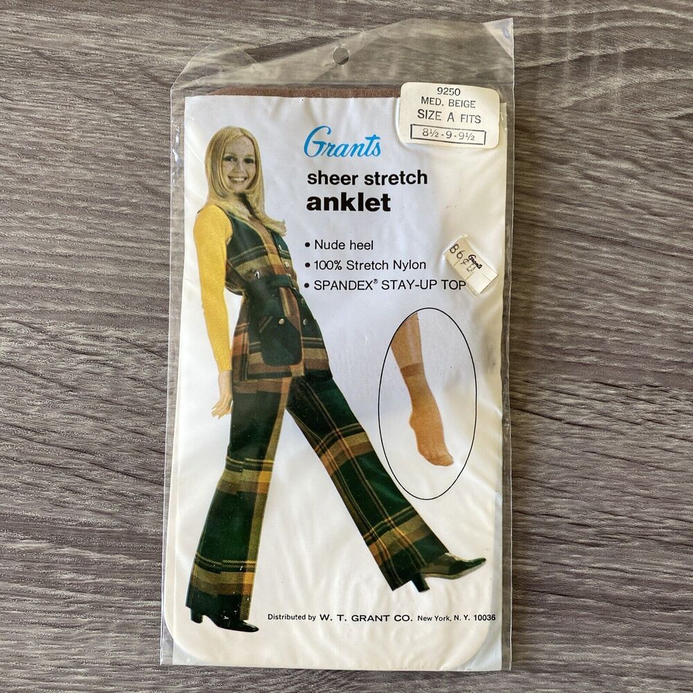 VTG Grants Sheer Stretch Anklet Beige Nude Heel Nylon Spandex Top Size A 8.5-9.5